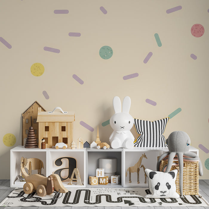 Babyzimmer Tapete | Bunte Bonbon- und Konfetti-Motive auf zartem Grund