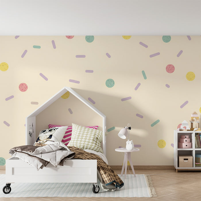 Babyzimmer Tapete | Bunte Bonbon- und Konfetti-Motive auf zartem Grund