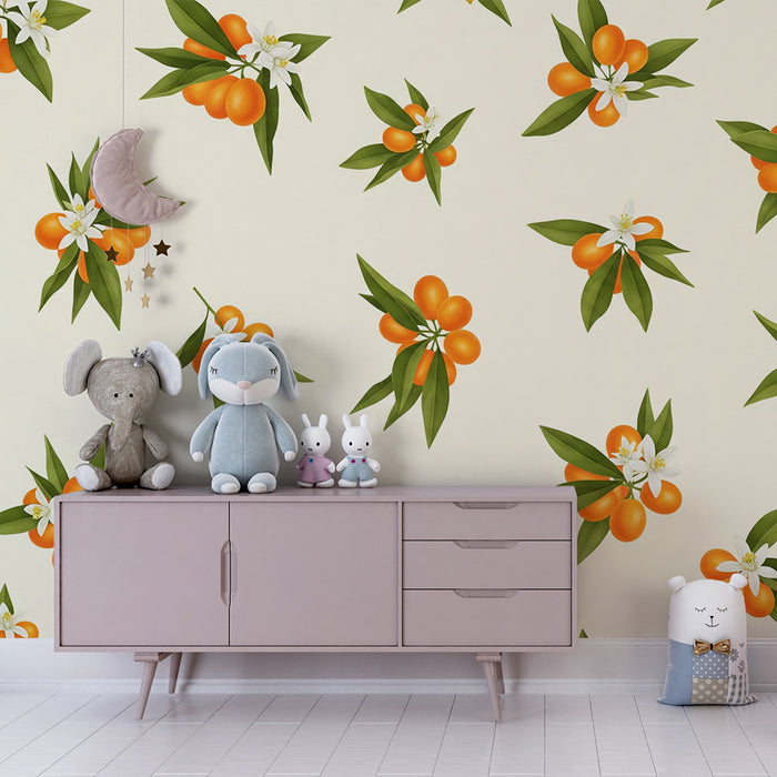 Babykamer behang | Citrusmotieven met witte bloemen en groene bladeren