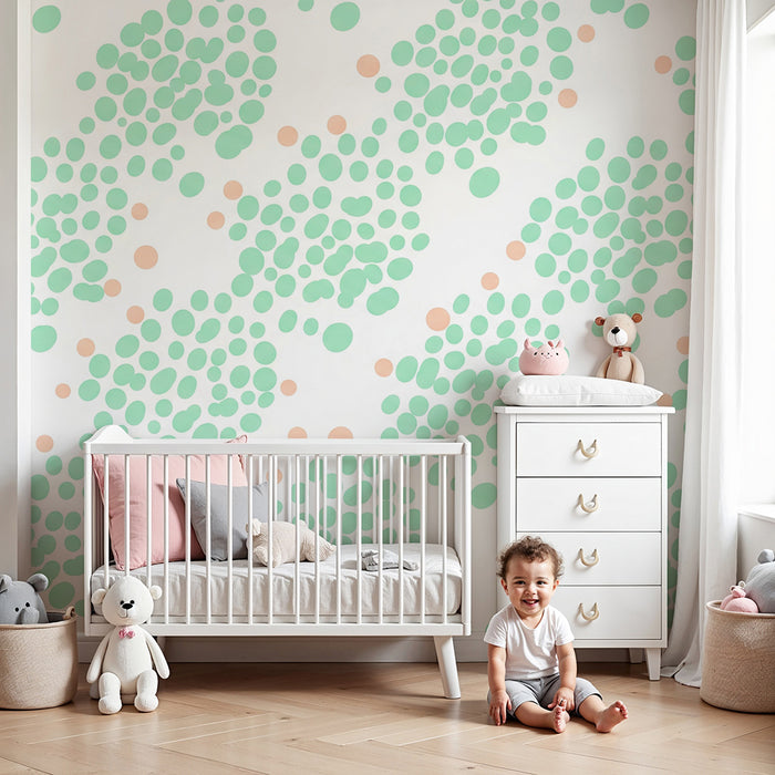 Papier peint chambre bébé | Motifs de bulles vertes et corail sur fond blanc