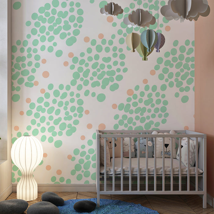 Papier peint chambre bébé | Motifs de bulles vertes et corail sur fond blanc