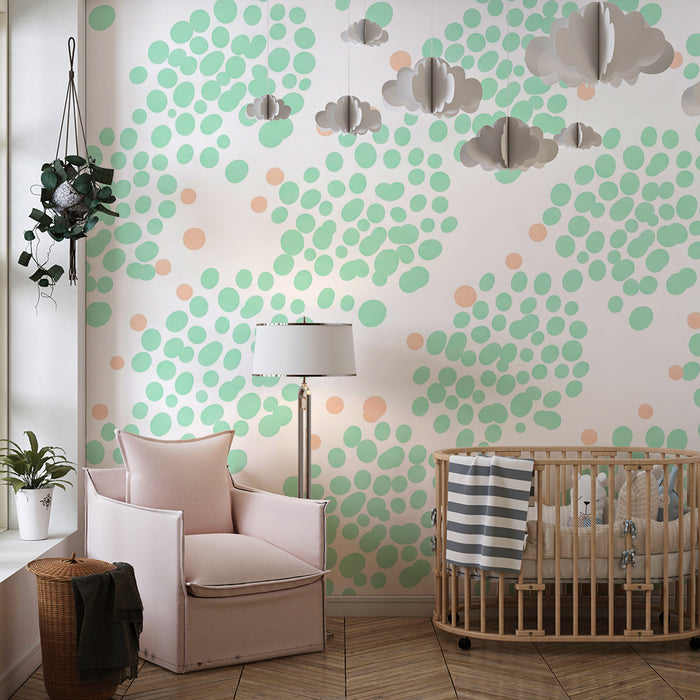 Papier peint chambre bébé | Motifs de bulles vertes et corail sur fond blanc
