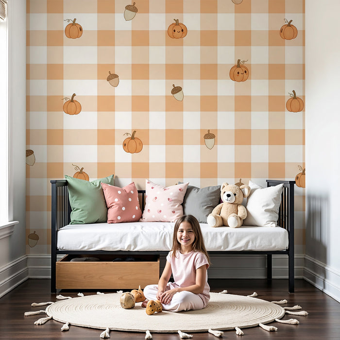 Papel pintado para habitación de bebé | Motivos de calabazas y bellotas sobre fondo vichy naranja