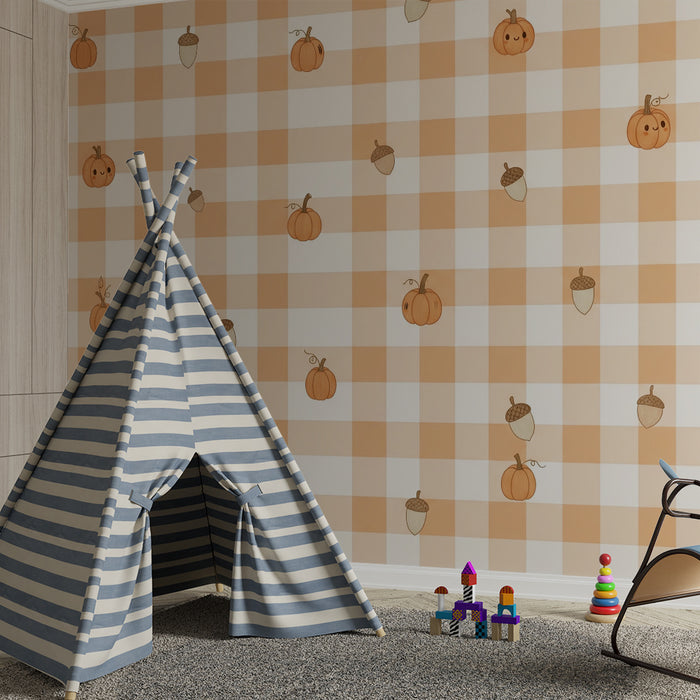 Papel pintado para habitación de bebé | Motivos de calabazas y bellotas sobre fondo vichy naranja