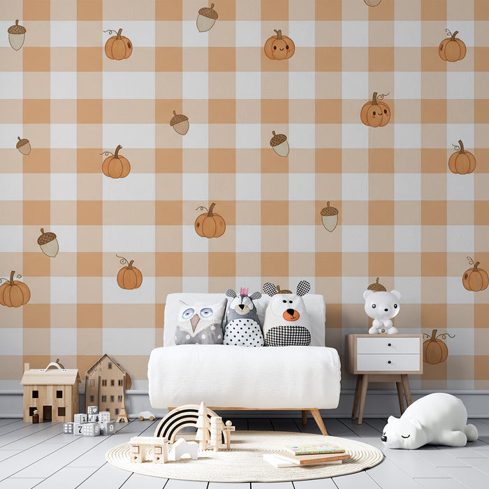 Papel pintado para habitación de bebé | Motivos de calabazas y bellotas sobre fondo vichy naranja