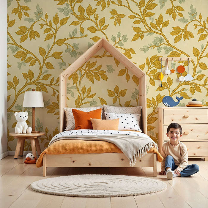 Papier peint chambre bébé | Motifs de feuillage délicat en jaune et vert sur fond crème