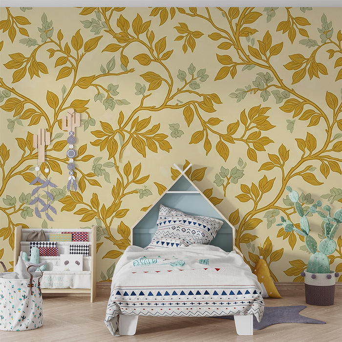 Papier peint chambre bébé | Motifs de feuillage délicat en jaune et vert sur fond crème