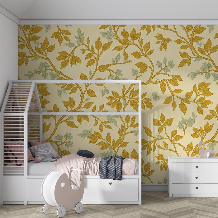 Papier peint chambre bébé | Motifs de feuillage délicat en jaune et vert sur fond crème