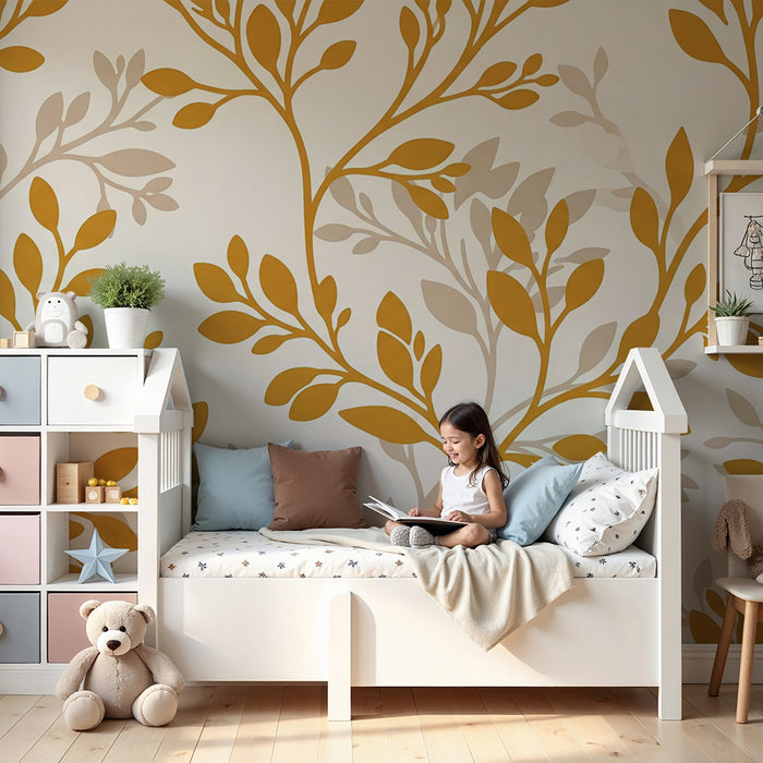Papier peint chambre bébé | Motifs de feuillage doré sur fond clair