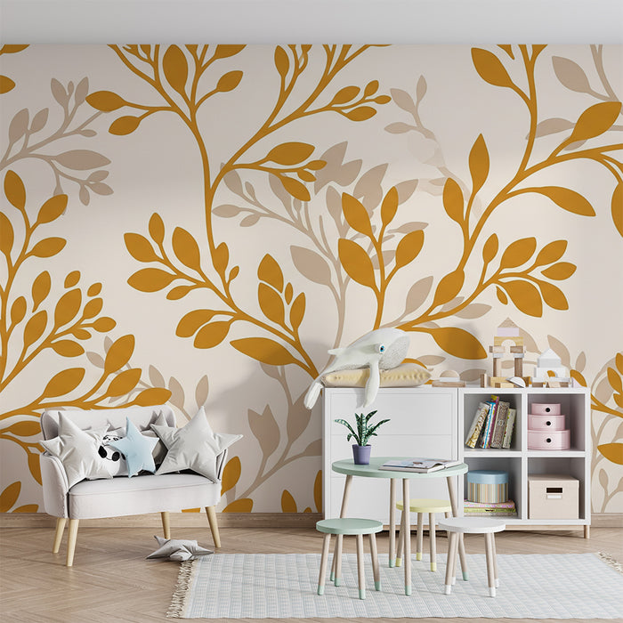 Papier peint chambre bébé | Motifs de feuillage doré sur fond clair