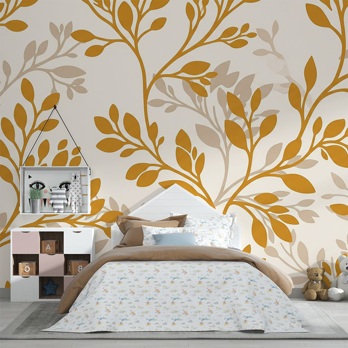Papier peint chambre bébé | Motifs de feuillage doré sur fond clair