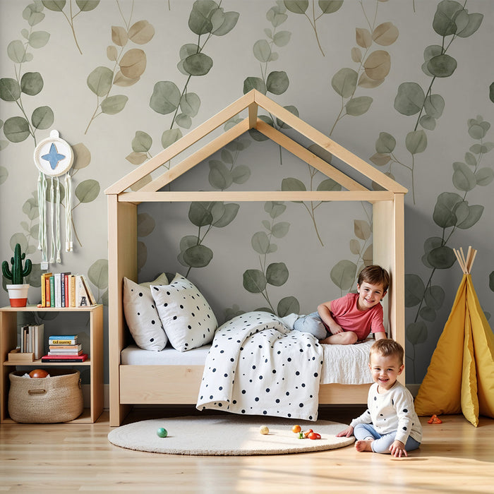Papel de parede para quarto de bebé | Motivos delicados de folhas de eucalipto sobre fundo claro