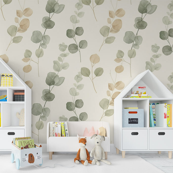 Papel de parede para quarto de bebé | Motivos delicados de folhas de eucalipto sobre fundo claro