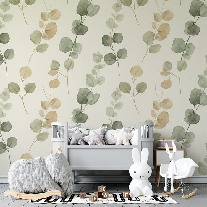 Papel de parede para quarto de bebé | Motivos delicados de folhas de eucalipto sobre fundo claro