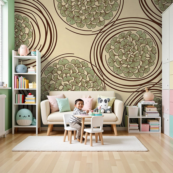 Behang voor babykamer | Delicate bladmotieven op beige achtergrond