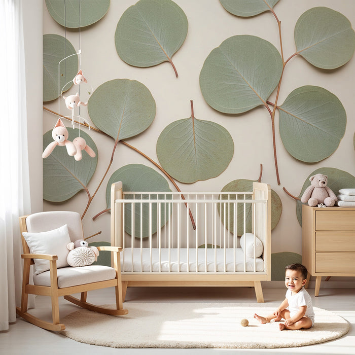 Papier peint chambre bébé | Motifs de feuilles délicates sur fond doux au style naturel