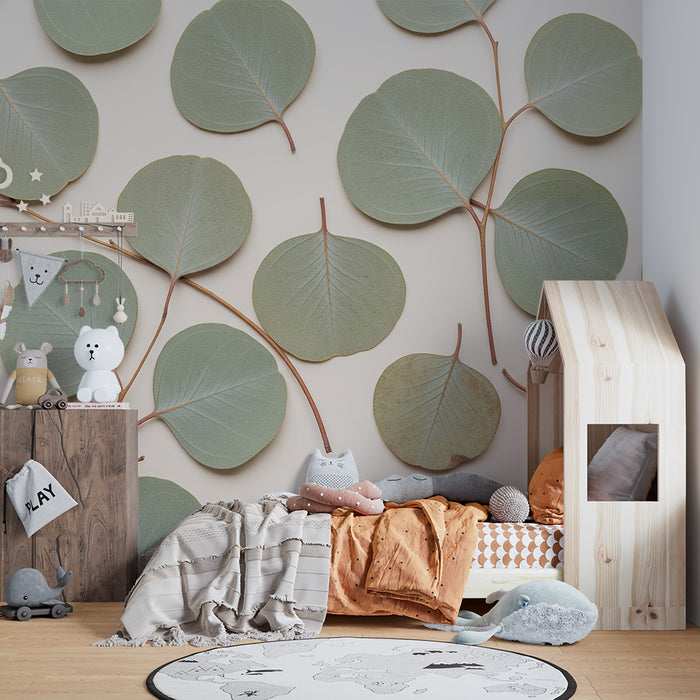 Papier peint chambre bébé | Motifs de feuilles délicates sur fond doux au style naturel