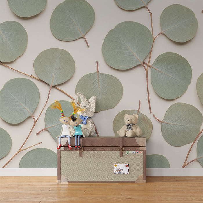 Papier peint chambre bébé | Motifs de feuilles délicates sur fond doux au style naturel