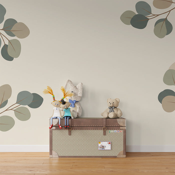 Papier peint chambre bébé | Motifs de feuilles délicates sur fond doux et léger