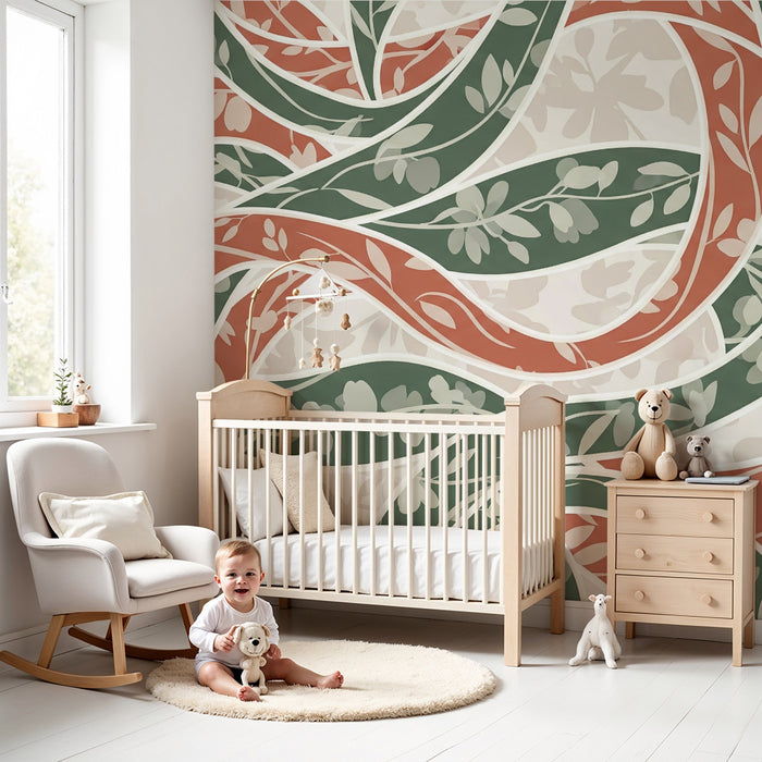 Papier peint chambre bébé | Motifs de feuilles entrelacées en vert et terracotta
