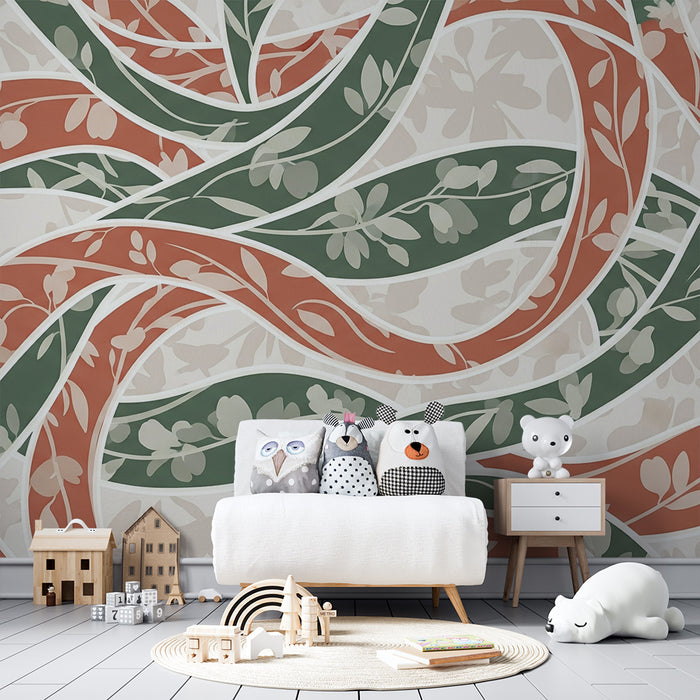 Papier peint chambre bébé | Motifs de feuilles entrelacées en vert et terracotta