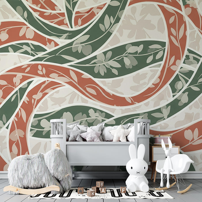Papier peint chambre bébé | Motifs de feuilles entrelacées en vert et terracotta