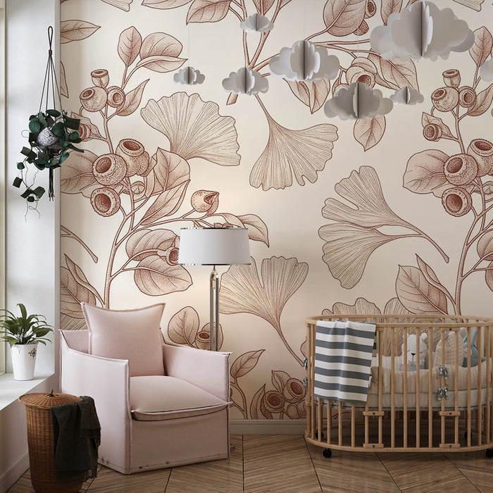Baby nursery wallpaper | Leaf and berry patterns in soft tones