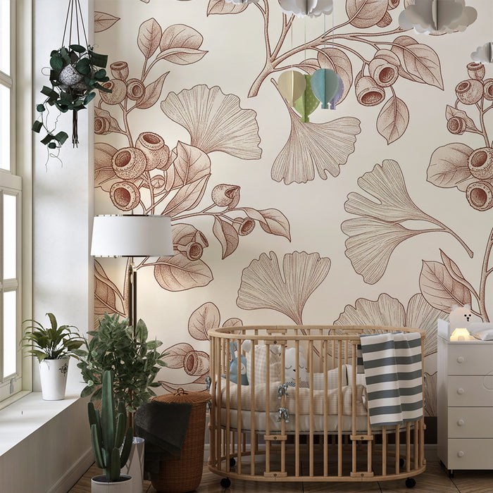 Baby nursery wallpaper | Leaf and berry patterns in soft tones