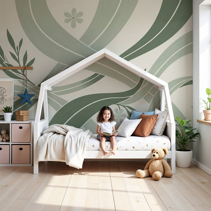 Papier peint chambre bébé | Motifs de feuilles et fleurs dans des tons doux de vert