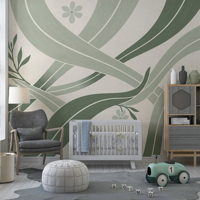 Papier peint chambre bébé | Motifs de feuilles et fleurs dans des tons doux de vert