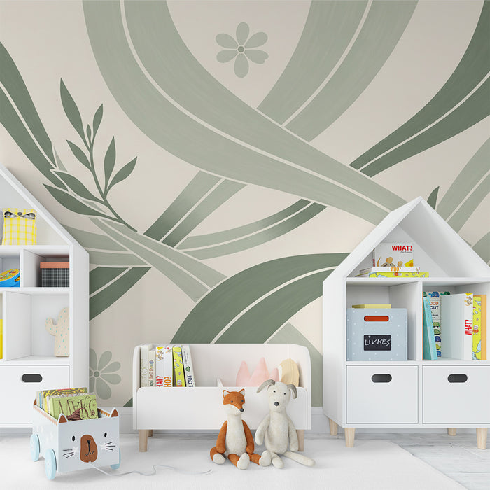 Papier peint chambre bébé | Motifs de feuilles et fleurs dans des tons doux de vert