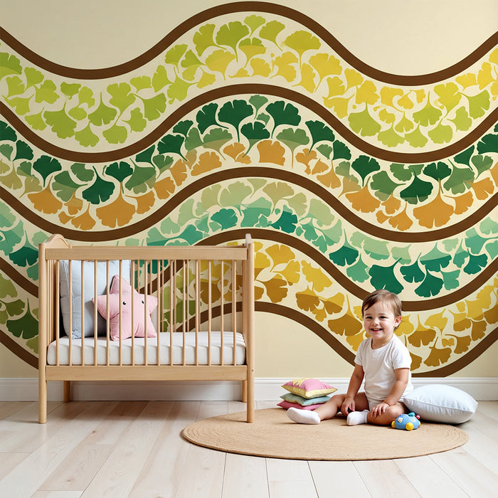 Papel pintado para habitación infantil | Motivos de hojas ondulantes en degradado de verdes y amarillos