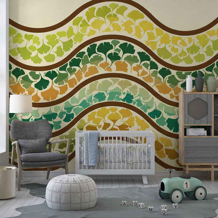 Papel pintado para habitación infantil | Motivos de hojas ondulantes en degradado de verdes y amarillos