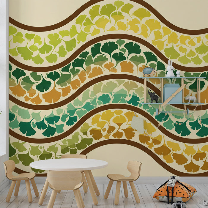 Papel pintado para habitación infantil | Motivos de hojas ondulantes en degradado de verdes y amarillos