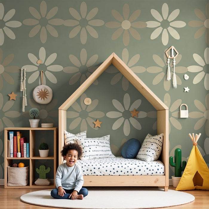 Tapety dla dzieci | Motywy kwiatowe w pastelowych kolorach i zielonym tle