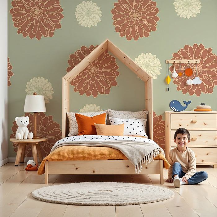 Tapety dla dzieci | Wzory zielonych i terakotowych kwiatów