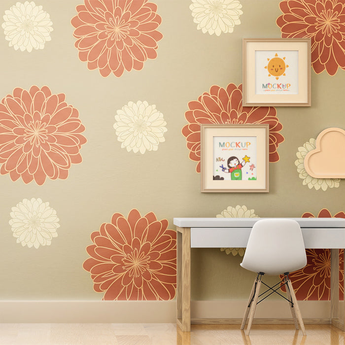 Tapety dla dzieci | Wzory zielonych i terakotowych kwiatów