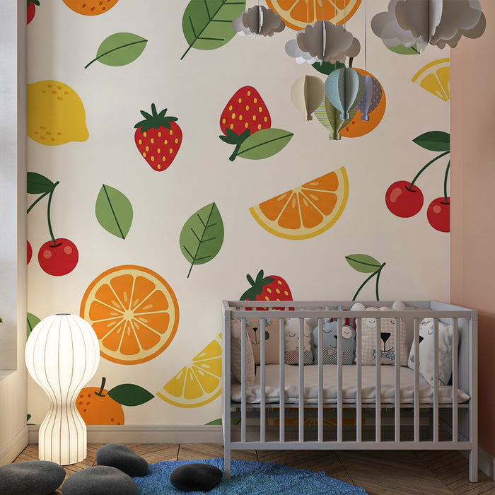 Babykamer behang | Kleurrijke fruitmotieven met aardbeien, sinaasappels en kersen