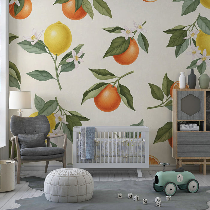Babykamer behang | Citrusvruchtenpatronen met sinaasappels en citroenen