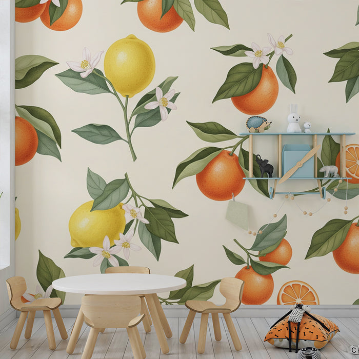 Babykamer behang | Citrusvruchtenpatronen met sinaasappels en citroenen