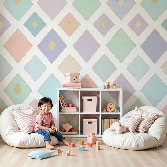 Tapet pentru camera de copii | Modele de romburi pastelate cu accente aurii