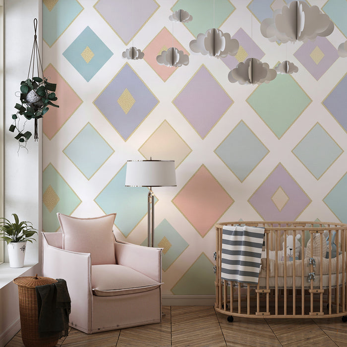 Tapet pentru camera de copii | Modele de romburi pastelate cu accente aurii