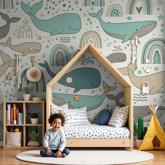 Tapet pentru camera de copii | Modele cu balene mici și curcubeie