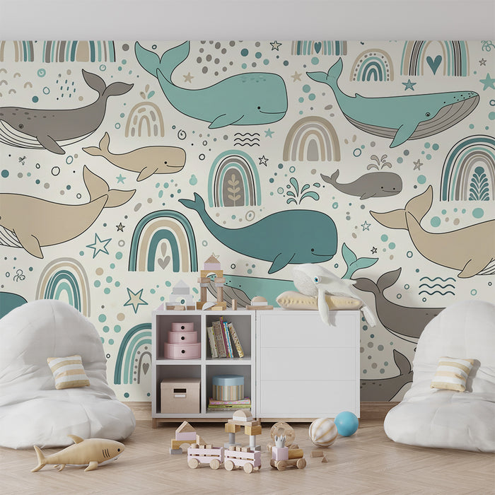 Tapet pentru camera de copii | Modele cu balene mici și curcubeie