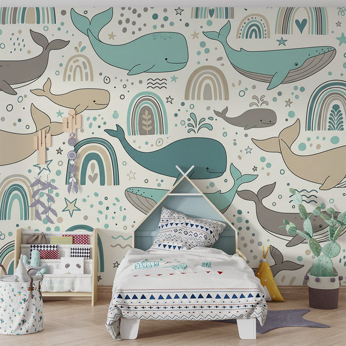 Tapet pentru camera de copii | Modele cu balene mici și curcubeie