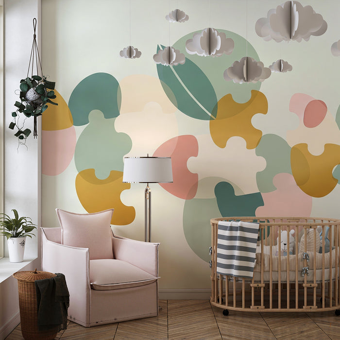 Nursery room wallpaper | Soft puzzle patterns and delicate leaves