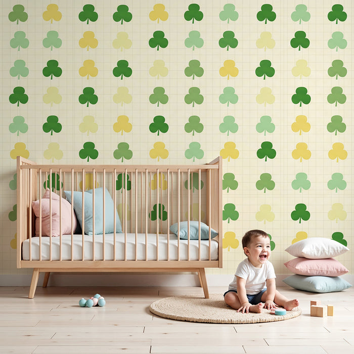 Papel de parede para quarto de bebé | Motivos de trevos em degradé de verdes e amarelos