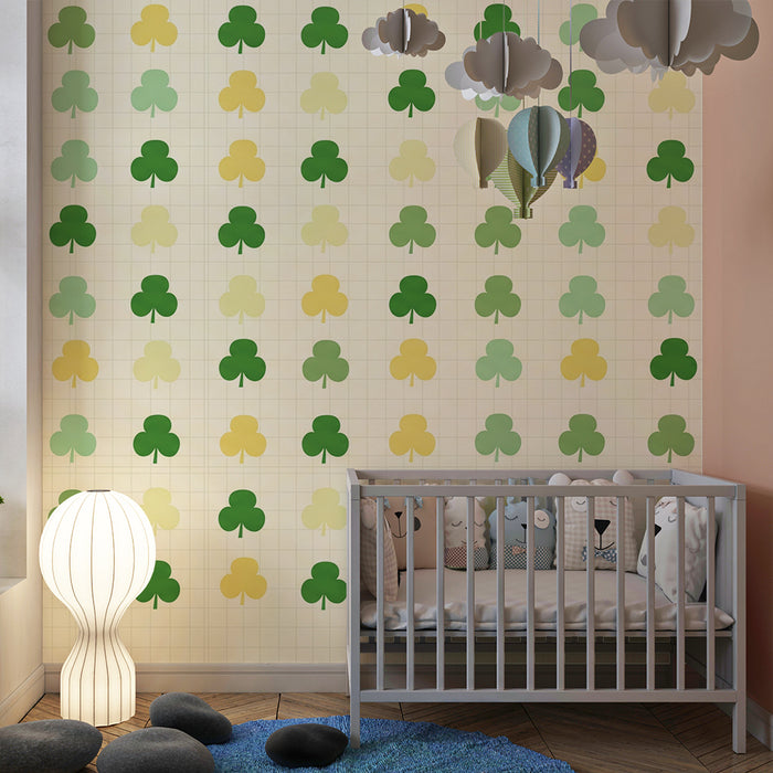 Papel de parede para quarto de bebé | Motivos de trevos em degradé de verdes e amarelos