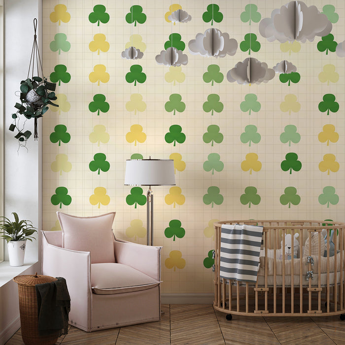 Papel de parede para quarto de bebé | Motivos de trevos em degradé de verdes e amarelos