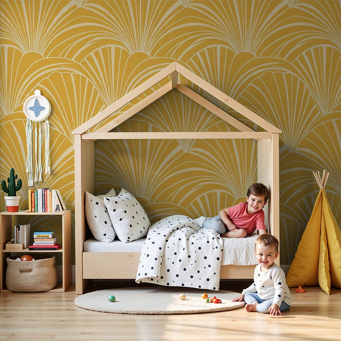 Papier peint chambre bébé | Motifs de vagues dorées sur fond jaune